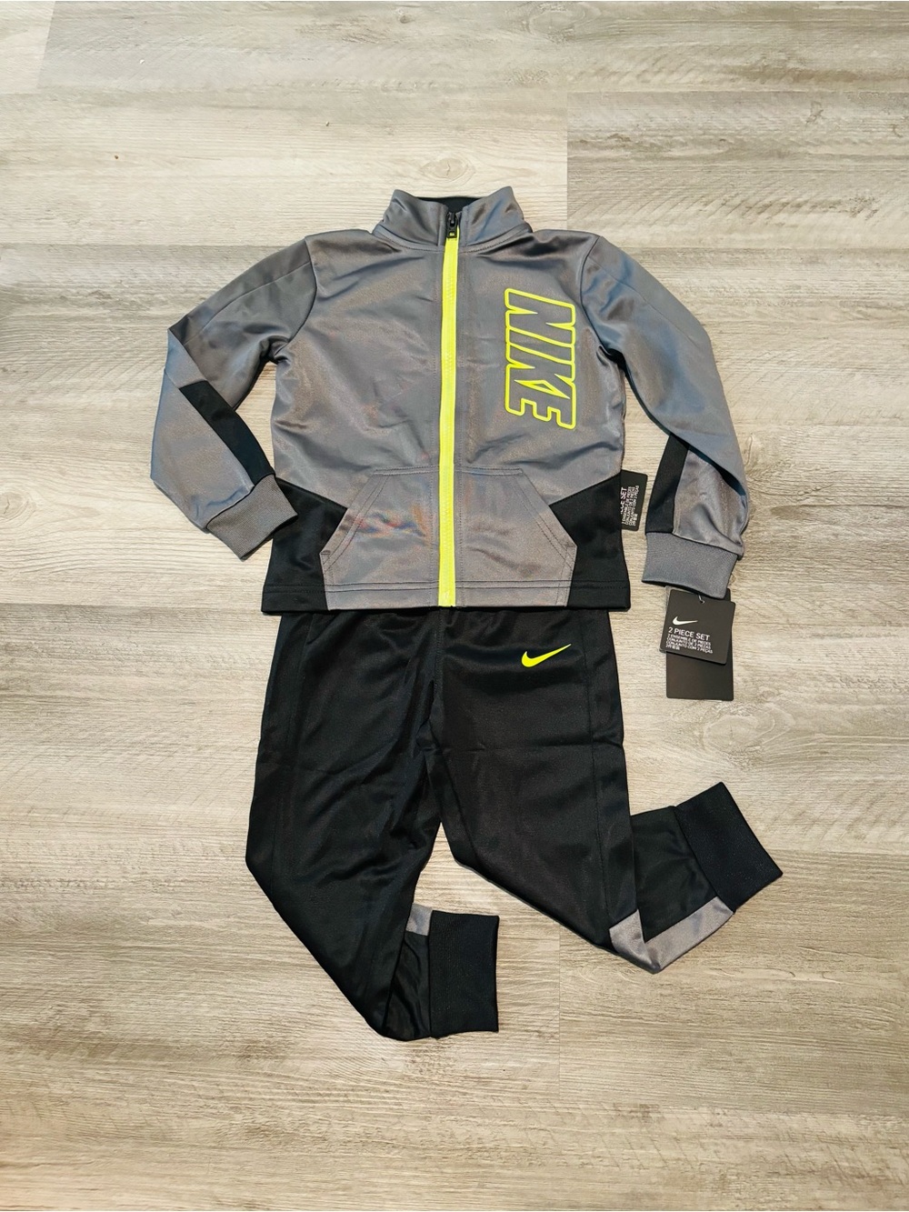 Nike Grey and Black Youth Tracksuit with Neon Yellow Accents